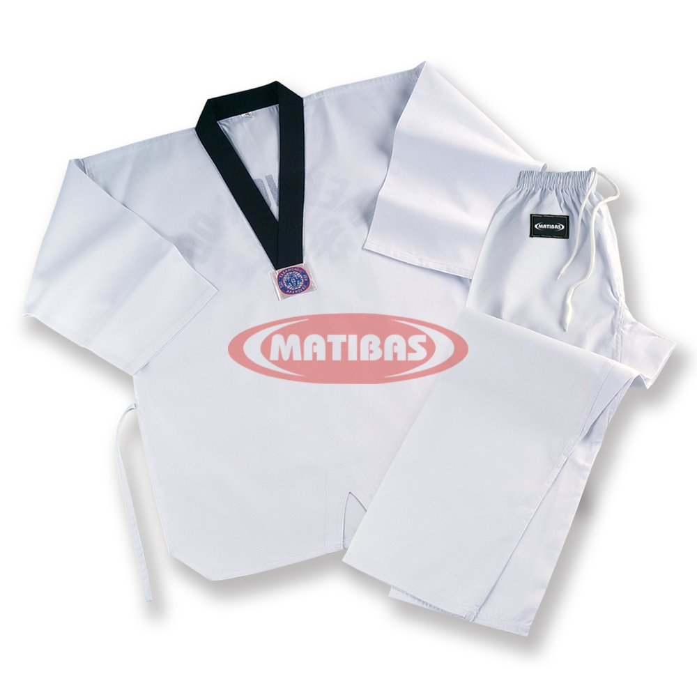 bleached polyester cotton taekwondo uniform with black V-neck collar for everyday training and practice